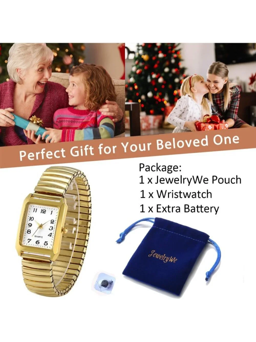 Women's Gold Analog Quartz Big Dial Easy Reader Stretch Band Square Wrist Watch